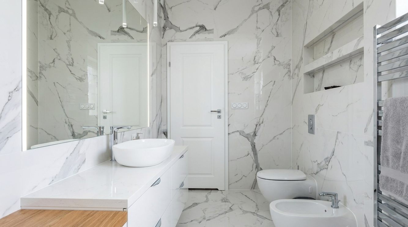 Remont łazienki Jelenia Góra – biały marmur kararyjski, podwieszane WC i bidet, realizacja PAUL DECOR