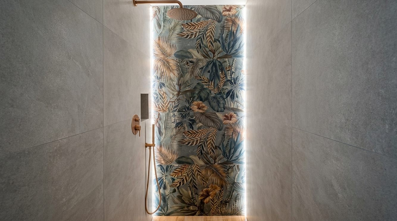 Remont łazienki Jelenia Góra – prysznic walk-in z podświetlaną ścianą botaniczną i miedzianą armaturą, realizacja PAUL DECOR