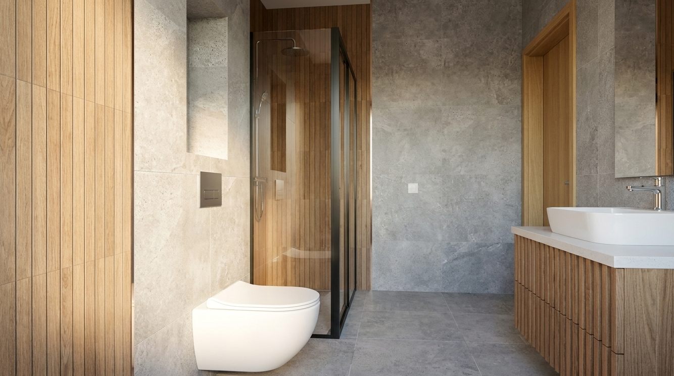 Remont łazienki Jelenia Góra – płytki imitujące beton, drewniane lamele i kabina w czarnej ramie, realizacja PAUL DECOR